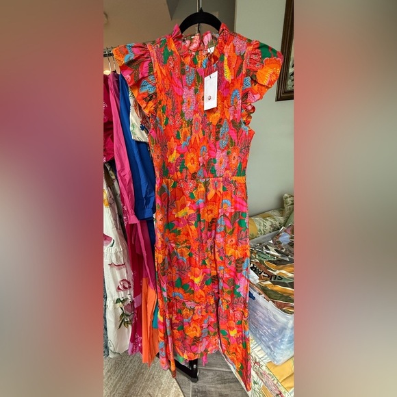 SugarLips Idalia Floral Smocked Midi Dress Orange Mutli - Picture 6 of 7